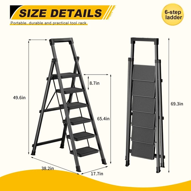 Alt view image 2 of 7 - 6 Step Ladder with Platform,Heavy Duty Folding Step Stool No Assembly Protable Step Ladders with Anti-Slip Widen Pedals,Tool Tray,Safe-Lock Design,Tall Kitchen/Closet Step Ladder for Adults