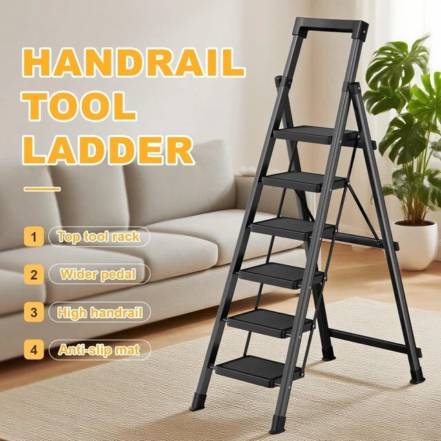 Alt view image 7 of 7 - 6 Step Ladder with Platform,Heavy Duty Folding Step Stool No Assembly Protable Step Ladders with Anti-Slip Widen Pedals,Tool Tray,Safe-Lock Design,Tall Kitchen/Closet Step Ladder for Adults