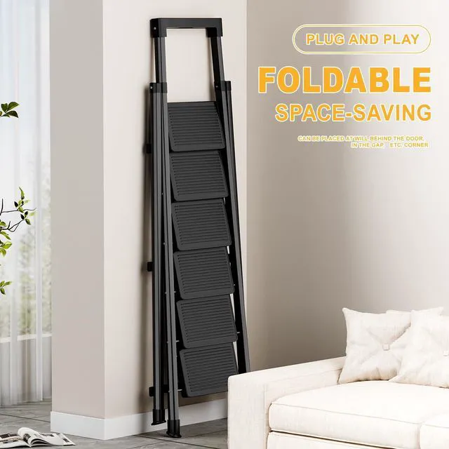 Alt view image 6 of 7 - 6 Step Ladder with Platform,Heavy Duty Folding Step Stool No Assembly Protable Step Ladders with Anti-Slip Widen Pedals,Tool Tray,Safe-Lock Design,Tall Kitchen/Closet Step Ladder for Adults