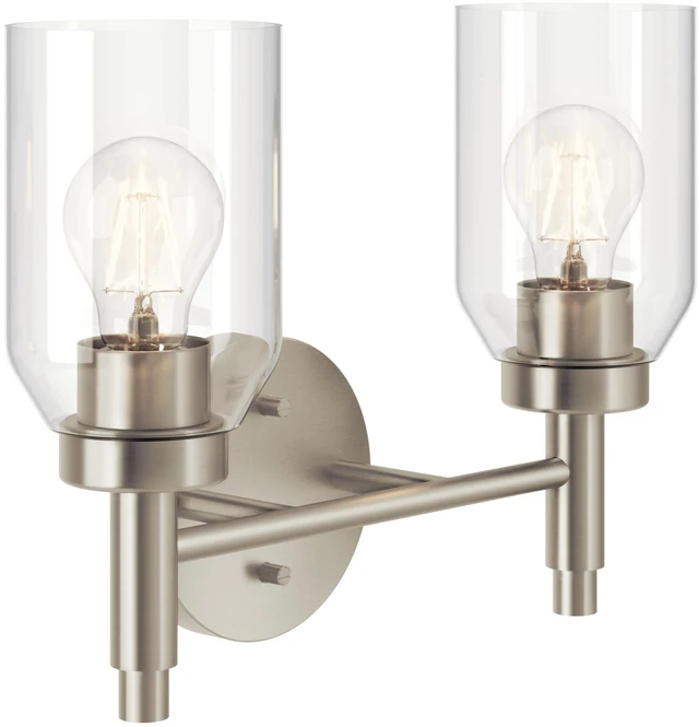 Main image of Madden 2-Light Bathroom Vanity Light, Brushed Nickel Modern vanity light with clear glass for single or double bathroom mirrors (14.25" x 10.5"), 55184NI