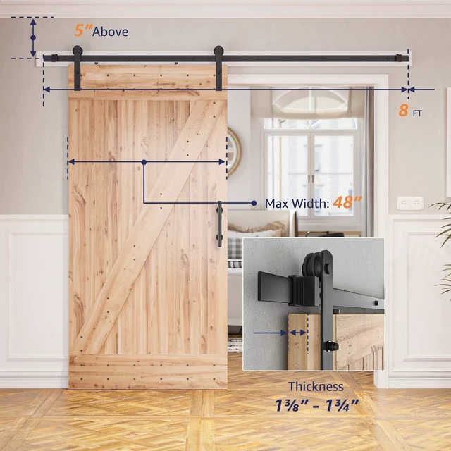 Alt view image 3 of 7 - 8ft Sliding Barn Door Hardware kit, Fit 42-48" W DoorPanel Barn Door Track, Sliding Door Hardware kit, Smoothly and Quietly -Heavy Duty Sturdy -Easy to Install, I Shape Hanger