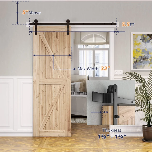 Alt view image 5 of 7 - 5.5ft Sliding Barn Door Hardware kit, Fit 30-33" W Doorpanel Barn Door Track, Sliding Door Hardware kit, Smoothly and Quietly -Heavy Duty Sturdy -Easy to Install, I Shape Hanger