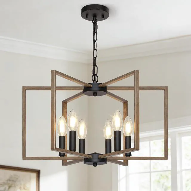 Main image of 6 Light Farmhouse Chandelier, Dining Room Light Fixture, Wood Grain Painted Metal Geometric Ceiling Light with E12 Base, Rustic Hanging Pendant Lights for Kitchen Island Entryway Foyer, Indoor