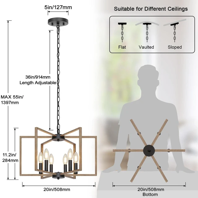 Alt view image 2 of 7 - 6 Light Farmhouse Chandelier, Dining Room Light Fixture, Wood Grain Painted Metal Geometric Ceiling Light with E12 Base, Rustic Hanging Pendant Lights for Kitchen Island Entryway Foyer, Indoor