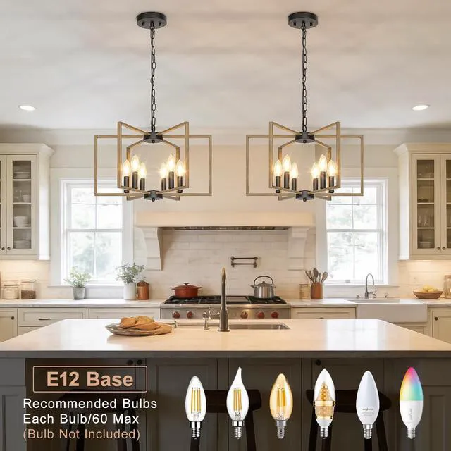 Alt view image 3 of 7 - 6 Light Farmhouse Chandelier, Dining Room Light Fixture, Wood Grain Painted Metal Geometric Ceiling Light with E12 Base, Rustic Hanging Pendant Lights for Kitchen Island Entryway Foyer, Indoor