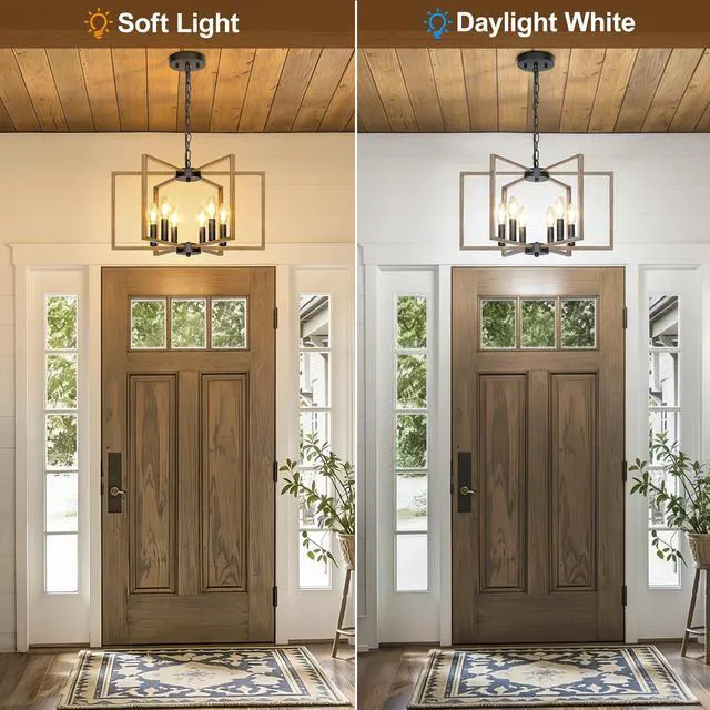 Alt view image 4 of 7 - 6 Light Farmhouse Chandelier, Dining Room Light Fixture, Wood Grain Painted Metal Geometric Ceiling Light with E12 Base, Rustic Hanging Pendant Lights for Kitchen Island Entryway Foyer, Indoor