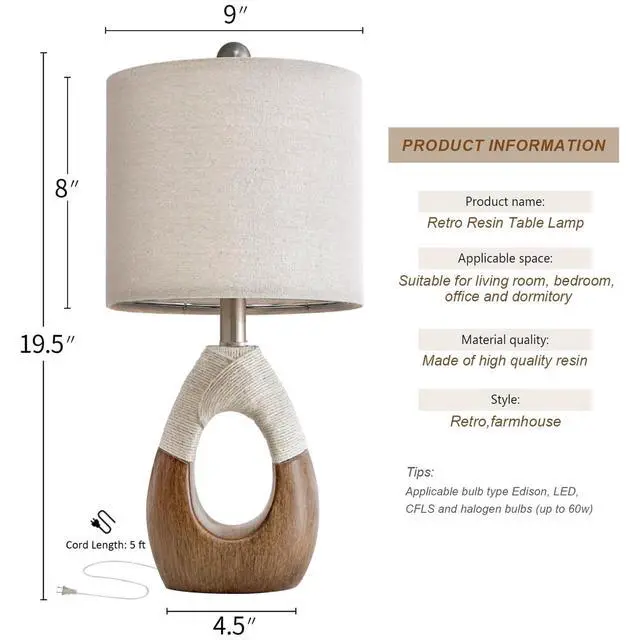 Alt view image 2 of 7 - Boho Table Lamps Bedroom Living Room Set 2,Suitable for Small Space,Farmhouse RattanTable Lamp 19Rustic Egg Design Resin Light Decoration,Nightstand Bedside Lamps for Office Study Rest