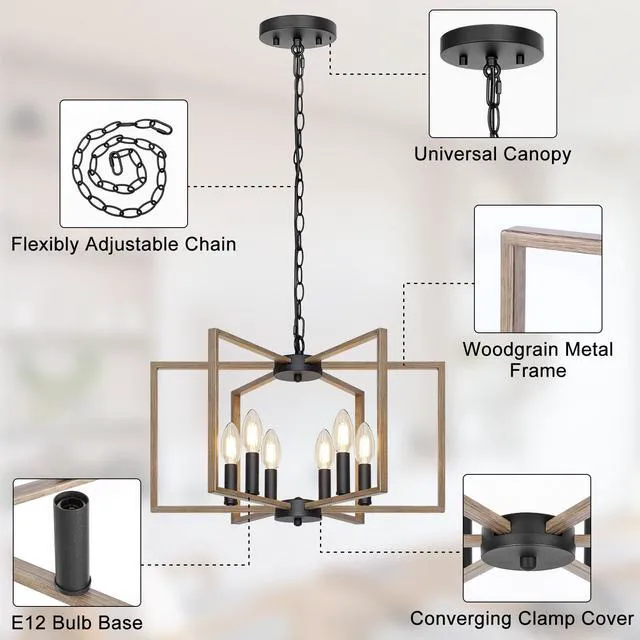 Alt view image 5 of 7 - 6 Light Farmhouse Chandelier, Dining Room Light Fixture, Wood Grain Painted Metal Geometric Ceiling Light with E12 Base, Rustic Hanging Pendant Lights for Kitchen Island Entryway Foyer, Indoor