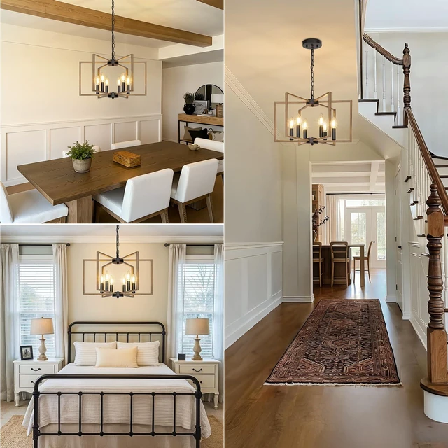 Alt view image 6 of 7 - 6 Light Farmhouse Chandelier, Dining Room Light Fixture, Wood Grain Painted Metal Geometric Ceiling Light with E12 Base, Rustic Hanging Pendant Lights for Kitchen Island Entryway Foyer, Indoor
