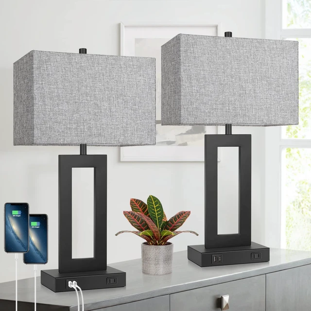 Main image of 22" Table Lamp Set of 2 with 2 USB Ports, Modern Nightstand Lamp 3 Way Dimmable, Touch Control, Grey Fabric Shade, E26 Base, Desk Lamp for Living Room, Bedroom, 2 LED Bulbs Included