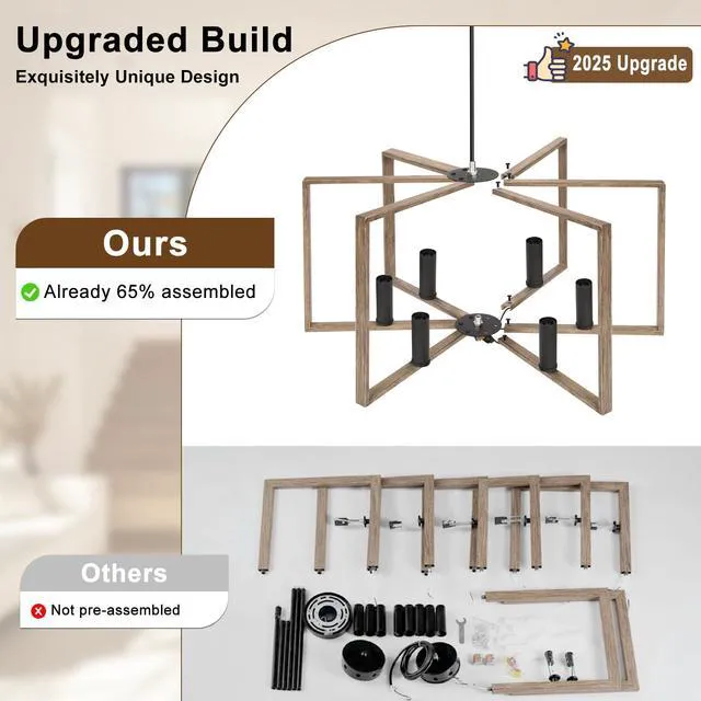 Alt view image 7 of 7 - 6 Light Farmhouse Chandelier, Dining Room Light Fixture, Wood Grain Painted Metal Geometric Ceiling Light with E12 Base, Rustic Hanging Pendant Lights for Kitchen Island Entryway Foyer, Indoor