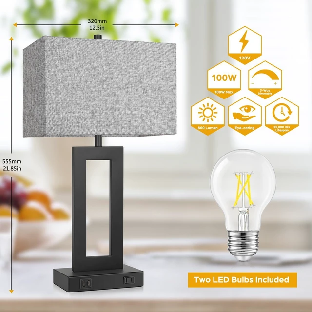 Alt view image 3 of 7 - 22" Table Lamp Set of 2 with 2 USB Ports, Modern Nightstand Lamp 3 Way Dimmable, Touch Control, Grey Fabric Shade, E26 Base, Desk Lamp for Living Room, Bedroom, 2 LED Bulbs Included