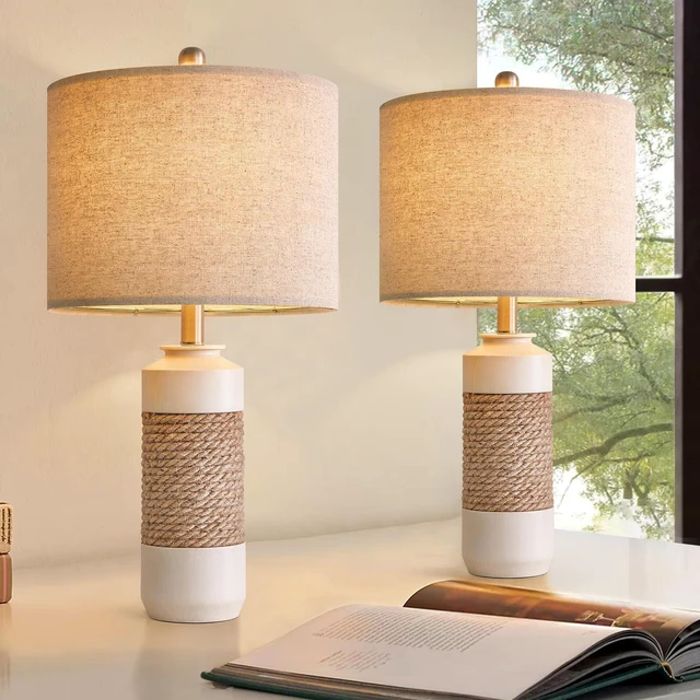 Main image of 23.75" Bedside Table Lamps Set of 2 for Sleeping and Reading, Vintage Farmhouse Rattan Table Lamp Antique White Resin Lamp for Decoration, Office Living Room Bedside Table