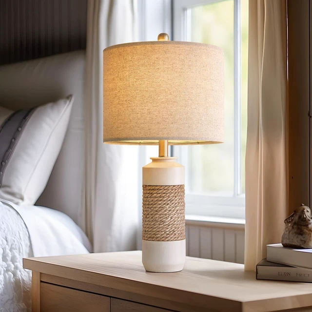 Alt view image 2 of 7 - 23.75" Bedside Table Lamps Set of 2 for Sleeping and Reading, Vintage Farmhouse Rattan Table Lamp Antique White Resin Lamp for Decoration, Office Living Room Bedside Table