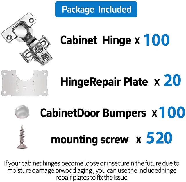 Alt view image 2 of 7 - Cabinet Hinges - 100 Pack for 1/2 Inch Overlay Cabinet, Face Frame Concealed 105Deg Self Closing Hinges, Stainless Soft Close Cabinet Door Hinges with Mounting Screws and Repair Plate