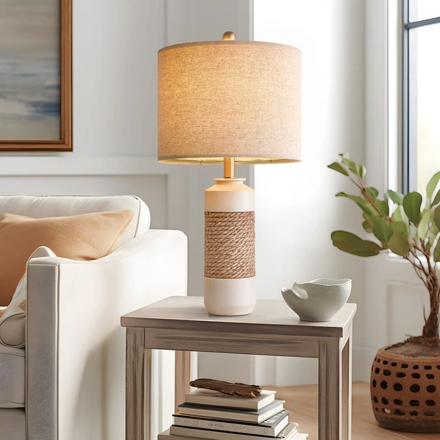 Alt view image 3 of 7 - 23.75" Bedside Table Lamps Set of 2 for Sleeping and Reading, Vintage Farmhouse Rattan Table Lamp Antique White Resin Lamp for Decoration, Office Living Room Bedside Table