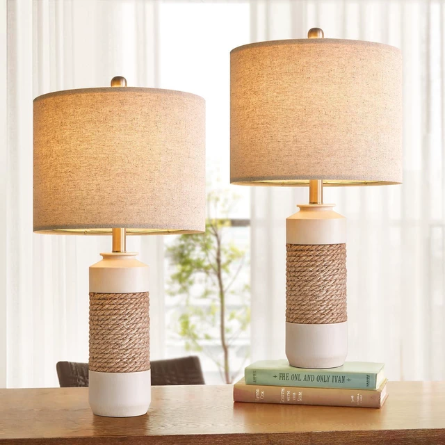 Alt view image 5 of 7 - 23.75" Bedside Table Lamps Set of 2 for Sleeping and Reading, Vintage Farmhouse Rattan Table Lamp Antique White Resin Lamp for Decoration, Office Living Room Bedside Table