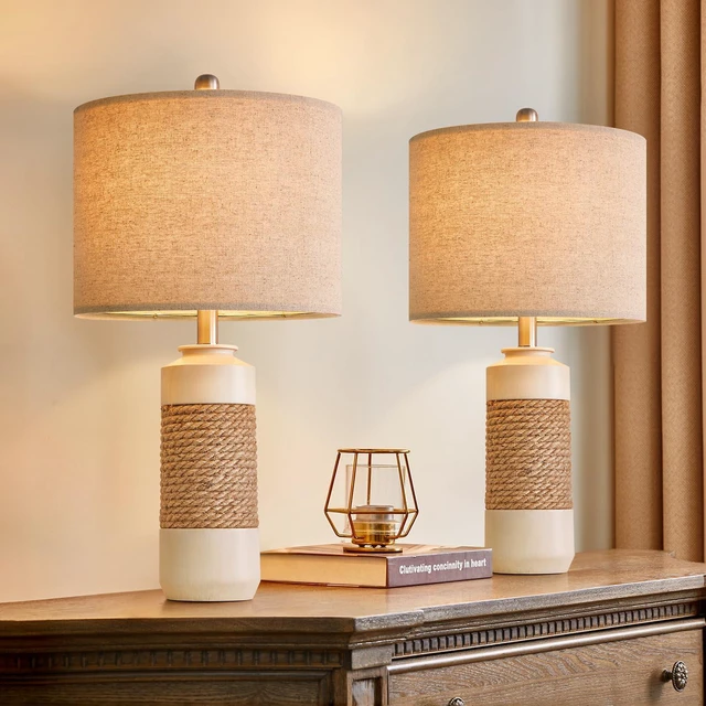 Alt view image 4 of 7 - 23.75" Bedside Table Lamps Set of 2 for Sleeping and Reading, Vintage Farmhouse Rattan Table Lamp Antique White Resin Lamp for Decoration, Office Living Room Bedside Table