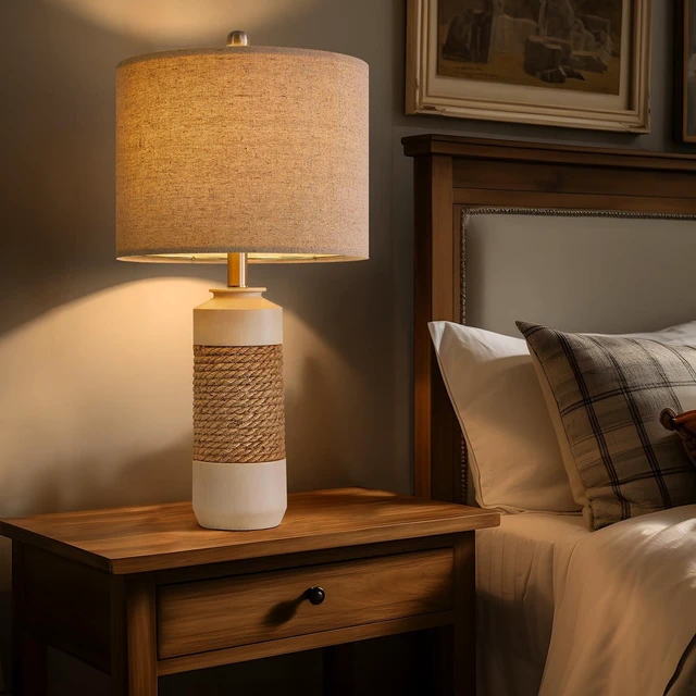 Alt view image 6 of 7 - 23.75" Bedside Table Lamps Set of 2 for Sleeping and Reading, Vintage Farmhouse Rattan Table Lamp Antique White Resin Lamp for Decoration, Office Living Room Bedside Table