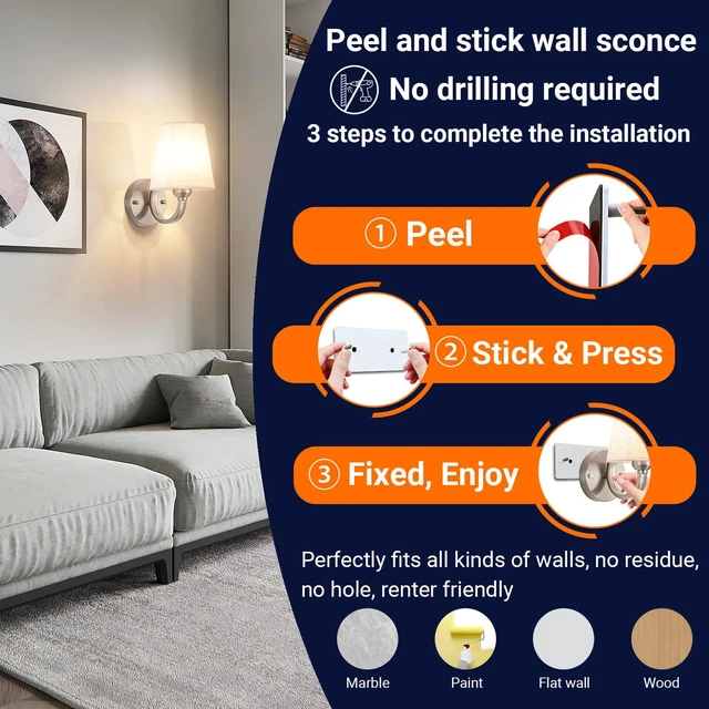 Alt view image 2 of 7 - Peel and Stick Wall Sconces, No Drilling Stick On Wall Sconce, Wireless Battery Operated Wall Lights, Adhesive Wall Lamp with 10000mAh Battery Bulb for Bedroom Living Room Decor