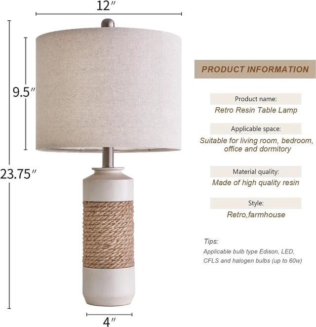 Alt view image 7 of 7 - 23.75" Bedside Table Lamps Set of 2 for Sleeping and Reading, Vintage Farmhouse Rattan Table Lamp Antique White Resin Lamp for Decoration, Office Living Room Bedside Table