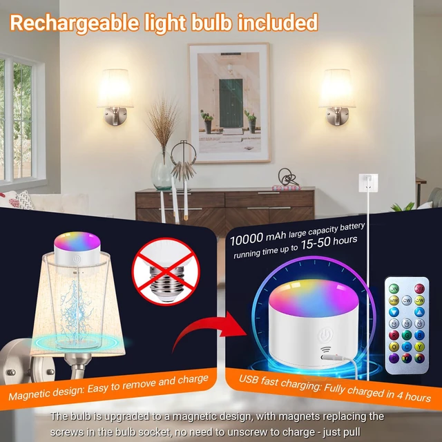Alt view image 3 of 7 - Peel and Stick Wall Sconces, No Drilling Stick On Wall Sconce, Wireless Battery Operated Wall Lights, Adhesive Wall Lamp with 10000mAh Battery Bulb for Bedroom Living Room Decor