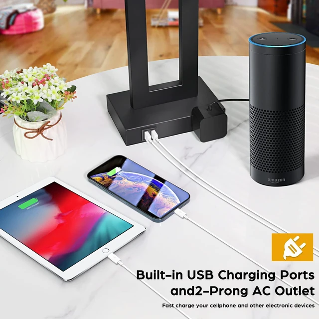 Alt view image 5 of 7 - 22" Table Lamp Set of 2 with 2 USB Ports, Modern Nightstand Lamp 3 Way Dimmable, Touch Control, Grey Fabric Shade, E26 Base, Desk Lamp for Living Room, Bedroom, 2 LED Bulbs Included