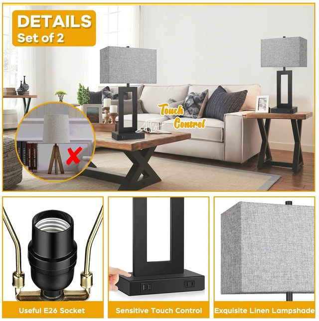 Alt view image 6 of 7 - 22" Table Lamp Set of 2 with 2 USB Ports, Modern Nightstand Lamp 3 Way Dimmable, Touch Control, Grey Fabric Shade, E26 Base, Desk Lamp for Living Room, Bedroom, 2 LED Bulbs Included