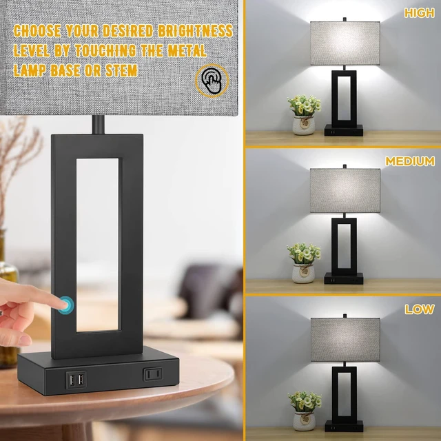 Alt view image 7 of 7 - 22" Table Lamp Set of 2 with 2 USB Ports, Modern Nightstand Lamp 3 Way Dimmable, Touch Control, Grey Fabric Shade, E26 Base, Desk Lamp for Living Room, Bedroom, 2 LED Bulbs Included