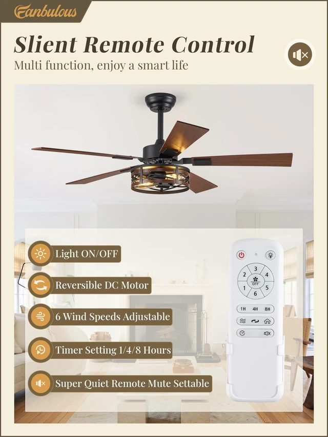 Alt view image 2 of 7 - 48" Farmhouse Ceiling Fan with Light & Remote, 2-Light Caged DC Motor Quiet and Reversible, 6-Speed Adjustable, Dual Finish 5 Blades Rustic for Bedroom and Living Room, Black and Walnut