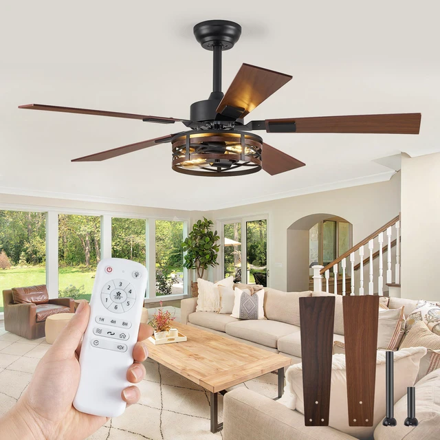 Main image of 48" Farmhouse Ceiling Fan with Light & Remote, 2-Light Caged DC Motor Quiet and Reversible, 6-Speed Adjustable, Dual Finish 5 Blades Rustic for Bedroom and Living Room, Black and Walnut
