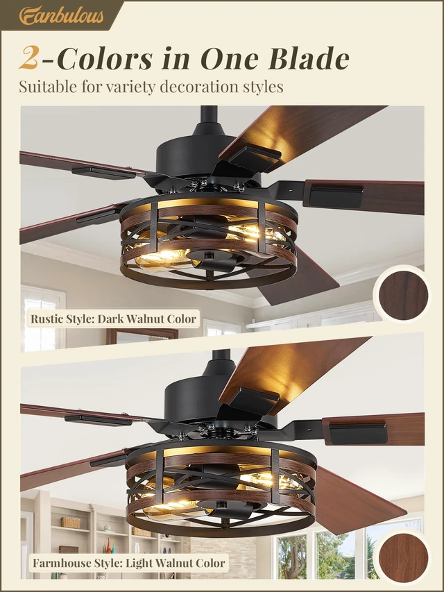 Alt view image 3 of 7 - 48" Farmhouse Ceiling Fan with Light & Remote, 2-Light Caged DC Motor Quiet and Reversible, 6-Speed Adjustable, Dual Finish 5 Blades Rustic for Bedroom and Living Room, Black and Walnut