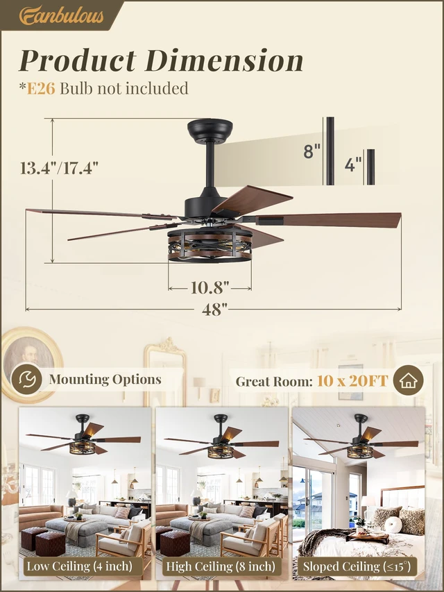 Alt view image 5 of 7 - 48" Farmhouse Ceiling Fan with Light & Remote, 2-Light Caged DC Motor Quiet and Reversible, 6-Speed Adjustable, Dual Finish 5 Blades Rustic for Bedroom and Living Room, Black and Walnut