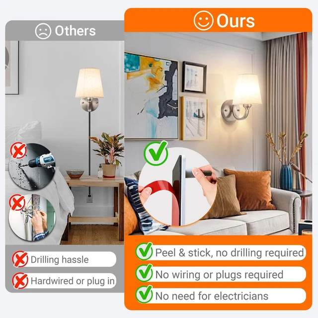 Alt view image 7 of 7 - Peel and Stick Wall Sconces, No Drilling Stick On Wall Sconce, Wireless Battery Operated Wall Lights, Adhesive Wall Lamp with 10000mAh Battery Bulb for Bedroom Living Room Decor