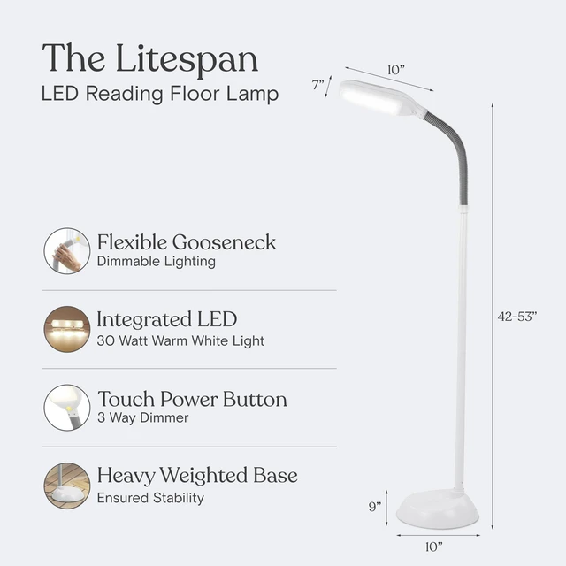 Alt view image 6 of 7 - Litespan - Bright LED Floor Reading Lamp for Over Chair Crafts and Reading, Estheticians' Light for Lash Extensions, Adjustable Standing Lamp for Living Room, Bedroom, Office - White