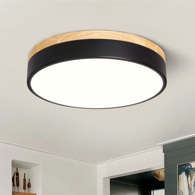 Main image of Dimmable LED Wood Black Round Flush Mount Ceiling Light 11.81 Inch Modern 2700K-6000K 5CCT Color Adjust Minimalist For Kitchen Bedroom Laundry Living Room Entryway Hallway