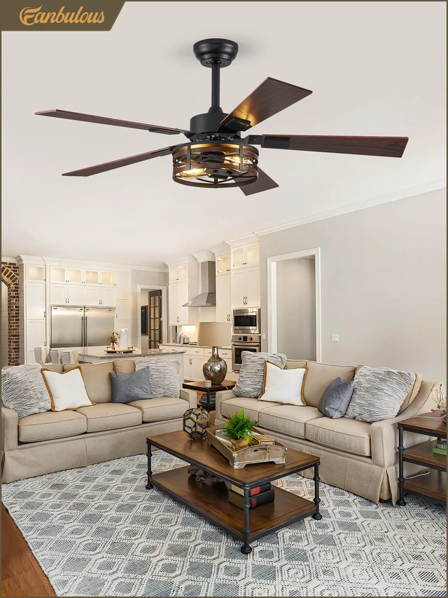 Alt view image 7 of 7 - 48" Farmhouse Ceiling Fan with Light & Remote, 2-Light Caged DC Motor Quiet and Reversible, 6-Speed Adjustable, Dual Finish 5 Blades Rustic for Bedroom and Living Room, Black and Walnut