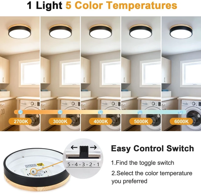 Alt view image 3 of 7 - Dimmable LED Wood Black Round Flush Mount Ceiling Light 11.81 Inch Modern 2700K-6000K 5CCT Color Adjust Minimalist For Kitchen Bedroom Laundry Living Room Entryway Hallway