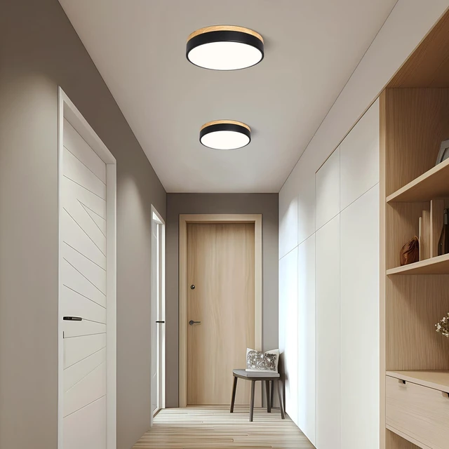 Alt view image 4 of 7 - Dimmable LED Wood Black Round Flush Mount Ceiling Light 11.81 Inch Modern 2700K-6000K 5CCT Color Adjust Minimalist For Kitchen Bedroom Laundry Living Room Entryway Hallway