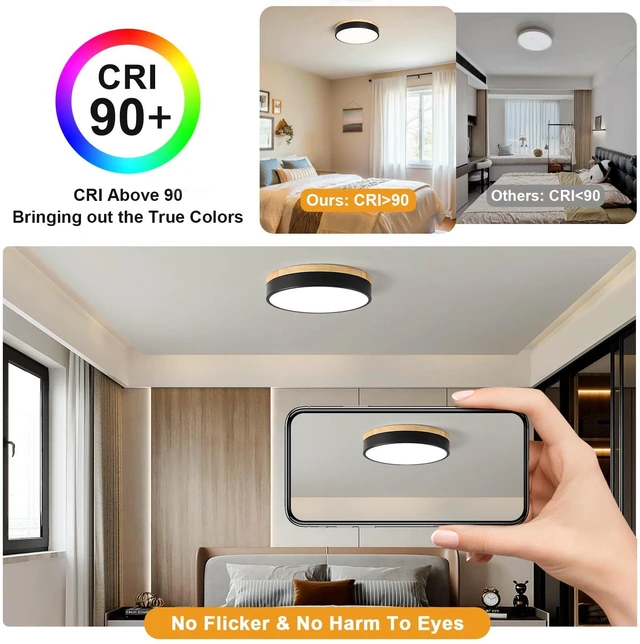 Alt view image 6 of 7 - Dimmable LED Wood Black Round Flush Mount Ceiling Light 11.81 Inch Modern 2700K-6000K 5CCT Color Adjust Minimalist For Kitchen Bedroom Laundry Living Room Entryway Hallway