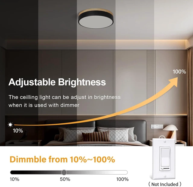 Alt view image 7 of 7 - Dimmable LED Wood Black Round Flush Mount Ceiling Light 11.81 Inch Modern 2700K-6000K 5CCT Color Adjust Minimalist For Kitchen Bedroom Laundry Living Room Entryway Hallway