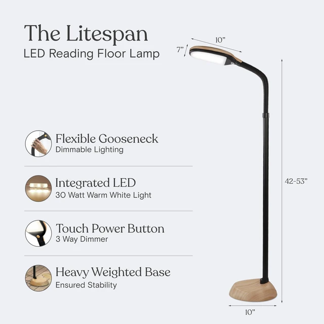 Alt view image 6 of 7 - Litespan - LED Floor Reading Lamp, Modern Wooden Style, Adjustable Gooseneck, 850-950 Lumens, 12W