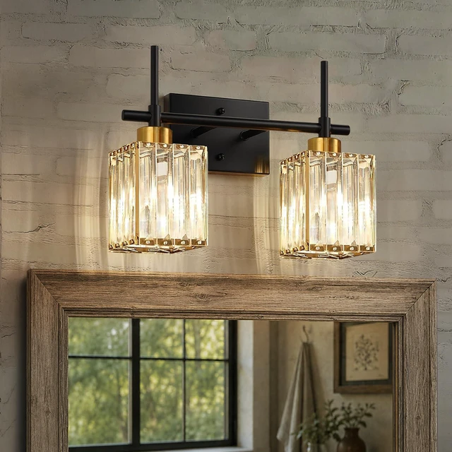 Main image of Modern Crystal Bathroom Vanity Light 2-Lights Gold Bathroom Light Fixtures Over Mirror Black and Gold Vanity Lighting Fixtures Gold Square Shade Brass Wall Sconce (Bulbs Not Include)