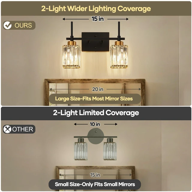 Alt view image 2 of 7 - Modern Crystal Bathroom Vanity Light 2-Lights Gold Bathroom Light Fixtures Over Mirror Black and Gold Vanity Lighting Fixtures Gold Square Shade Brass Wall Sconce (Bulbs Not Include)