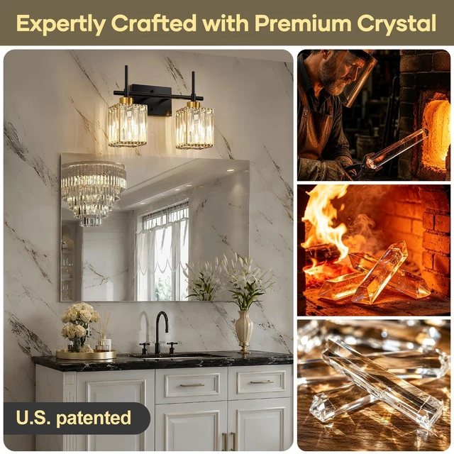 Alt view image 3 of 7 - Modern Crystal Bathroom Vanity Light 2-Lights Gold Bathroom Light Fixtures Over Mirror Black and Gold Vanity Lighting Fixtures Gold Square Shade Brass Wall Sconce (Bulbs Not Include)
