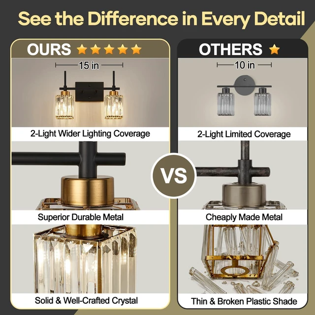 Alt view image 4 of 7 - Modern Crystal Bathroom Vanity Light 2-Lights Gold Bathroom Light Fixtures Over Mirror Black and Gold Vanity Lighting Fixtures Gold Square Shade Brass Wall Sconce (Bulbs Not Include)
