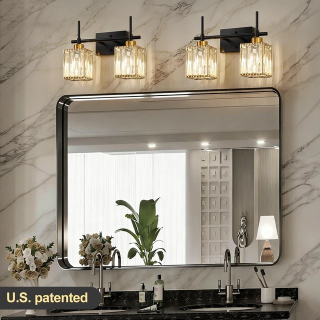 Alt view image 5 of 7 - Modern Crystal Bathroom Vanity Light 2-Lights Gold Bathroom Light Fixtures Over Mirror Black and Gold Vanity Lighting Fixtures Gold Square Shade Brass Wall Sconce (Bulbs Not Include)