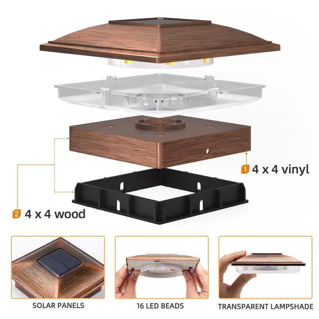 Alt view image 3 of 7 - Solar Post Cap Lights - 8 Pack Outdoor Waterproof for 4x4 Posts, 2 Modes Warm/Cool Light, Solar Powered Fence/Deck/Patio Decor, Brushed Copper