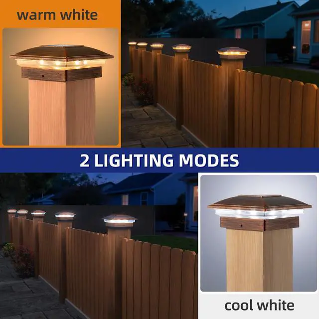 Alt view image 5 of 7 - Solar Post Cap Lights - 8 Pack Outdoor Waterproof for 4x4 Posts, 2 Modes Warm/Cool Light, Solar Powered Fence/Deck/Patio Decor, Brushed Copper