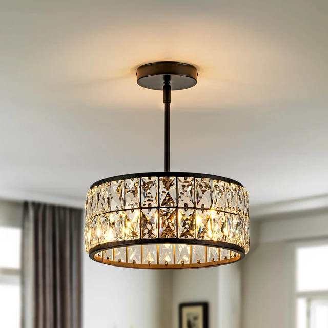 Alt view image 2 of 7 - 3-Light Crystal Ceiling Light, Modern Semi Flush Mount Ceiling Light, Black Crystal Chandelier for Kitchen Bedroom Bathroom Entryway Hallway